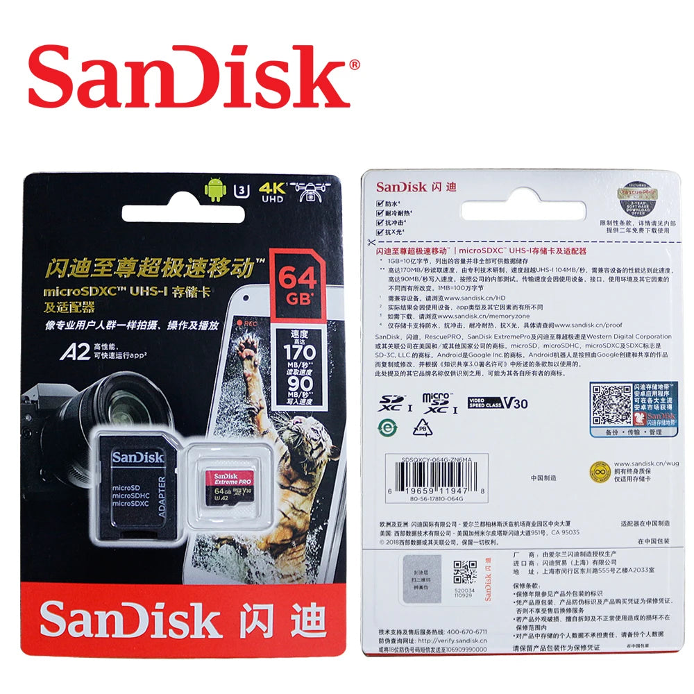 Original Extreme Pro SanDisk 256G 128G 64GB 32GBmicroSDHC SDXC UHS-I Memory micro SD TF Card 200MB/s Class10 U3 With SD Adapter