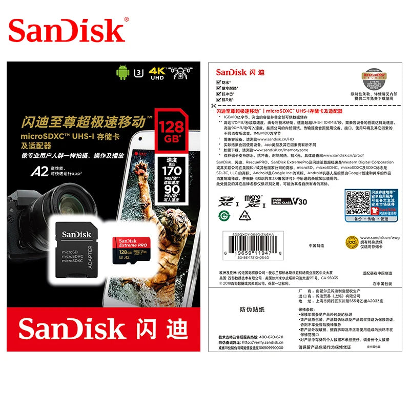 Original Extreme Pro SanDisk 256G 128G 64GB 32GBmicroSDHC SDXC UHS-I Memory micro SD TF Card 200MB/s Class10 U3 With SD Adapter