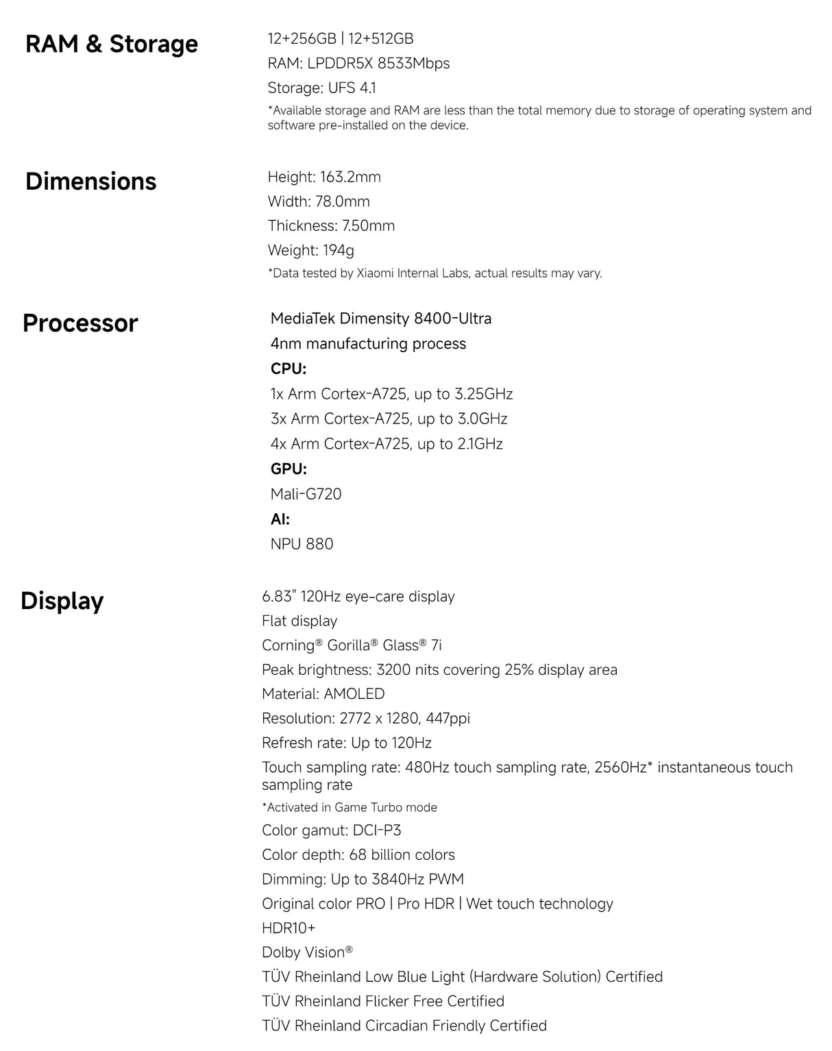 Xiaomi 15T 5G 12+512GB 6.83" 120Hz Eye-care Display 4nm MediaTek Dimensity 8400-Ultra Leica 50MP camera 5500mAh 67W Support eSIM